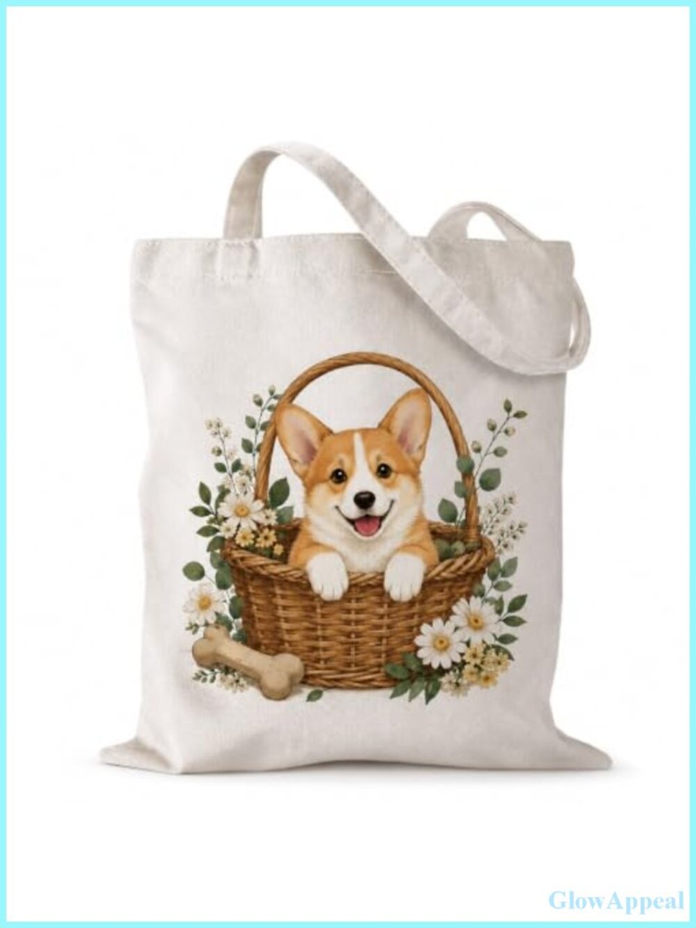 Canvas Tote Bag with Corgi Floral Print - Cute Dog Shopper Handbag for Women